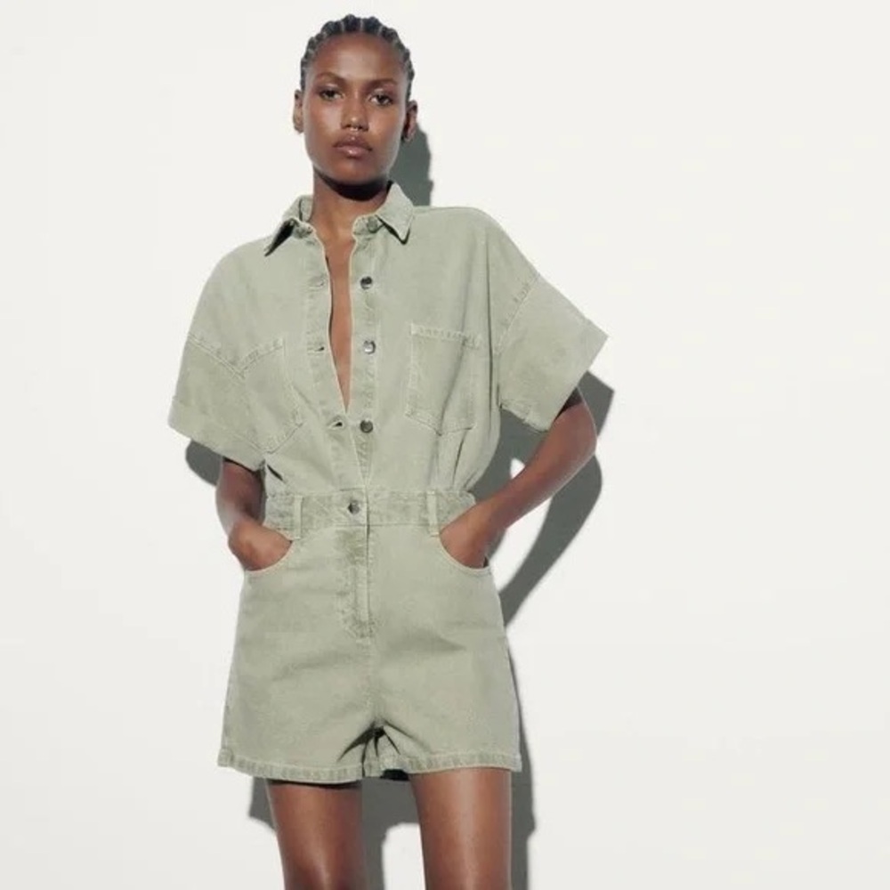Zara Sage green denim romper